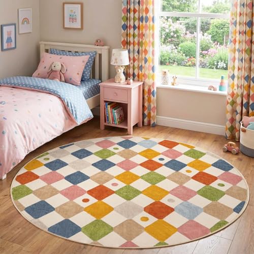 6ft Kids Round Rug Washable Colorful Checkered Classroom Rug (28.27 Sq Ft)