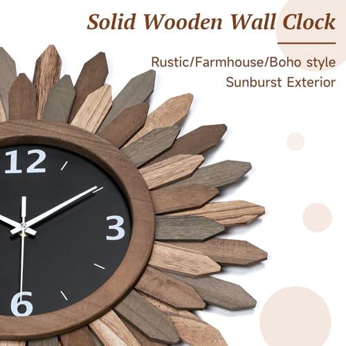 Large Wall Clock Battery Operated 21 in Rustic Wood Boho Sunburst Decorative Wall Clock Silent Non Ticking Farmhouse Wall Clocks for Living Room Bedroom Kitchen Bathroom Decor