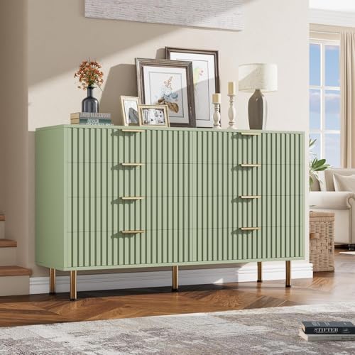 55" Fluted Green 8 Drawer Dresser for Bedroom with Deep Drawers