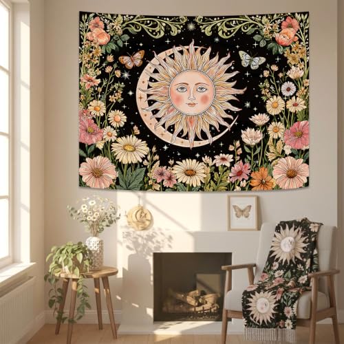 Boho Vintage Sun and Moon Hippie Floral Tapestry 48 x 36 Inch