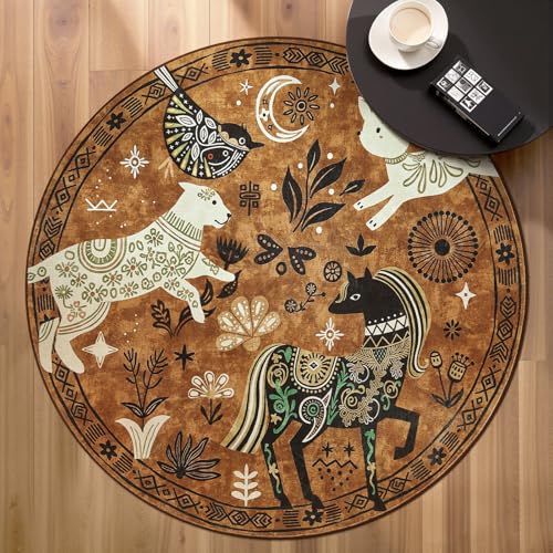 5ft Cute Round Rug Kids Washable Fun Rug Earthy Brown Starlit Boho (19.63 Sq Ft)