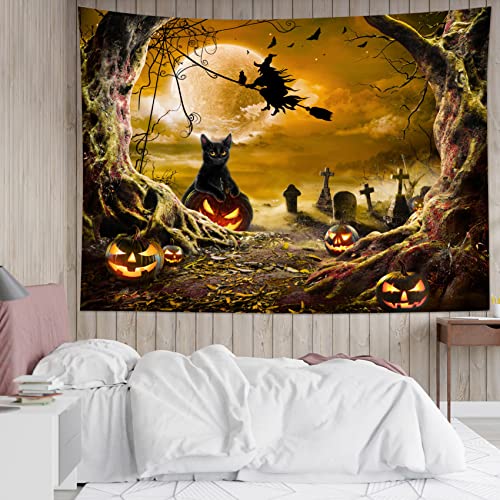 Halloween Wall Tapestry Horror Witch Cat and Dead Tree Pumpkin Lights with Spooky Graveyard Tapestry Orange Full Moon over Misty Forest Wall Decor for Bedroom Living Room Dorm 60x40 Inches