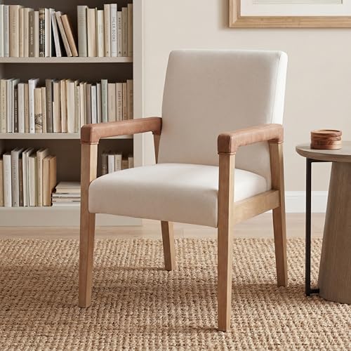 Modern Dining Chairs Set of 4 Linen Fabric Kitchen Arm Chairs Upholstered Accent Chairs with Wooden Legs for Dining Room (4 Count)