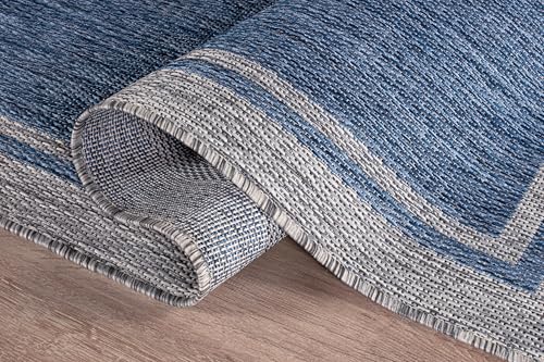 Outdoor Rug 8x10 Bordered Navy Blue Gray Modern Area Rugs for Indoor and Outdoor Patios (80 Sq Ft)