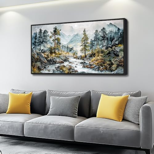 Large Canvas Printing Pictures Artwork Wall Art For Bedroom Wall Decor For Living Room Office Rivulet View Painting Forest Tree Landscape Restaurant Mural Home Decor 20x40 In Black Framed