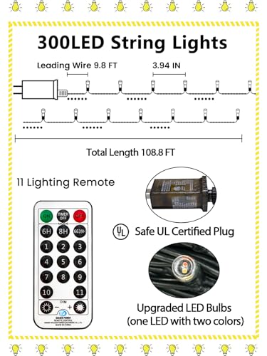108FT Color Changing Christmas Lights with Remote Timer 300 LED