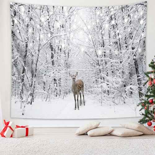 Winter Tapestry Wall Hanging Snow Scene Backdrop Winter Wonderland Wall Decor Snowy Forest Wall Art Nature Woodland Deer Tapestry for Bedroom Room Dorm Party Decoration