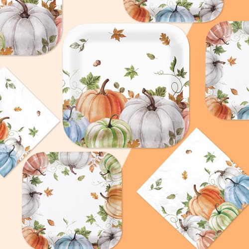 200Pcs Fall Plates and Napkins Square Autumn Pumpkin Plates Thanksgiving Paper Platter Tableware Sets for Thanksgiving Harvest Party Decorations (200 Count)