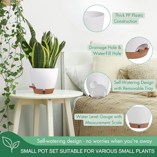 5-Pack Self-Watering Planters with Wick & Reservoir (5/5.5/6/6.5/7 Inch) – Plastic Indoor Pots with Drainage, Modern White Flower Pot for Violet, Herb (5 Count)