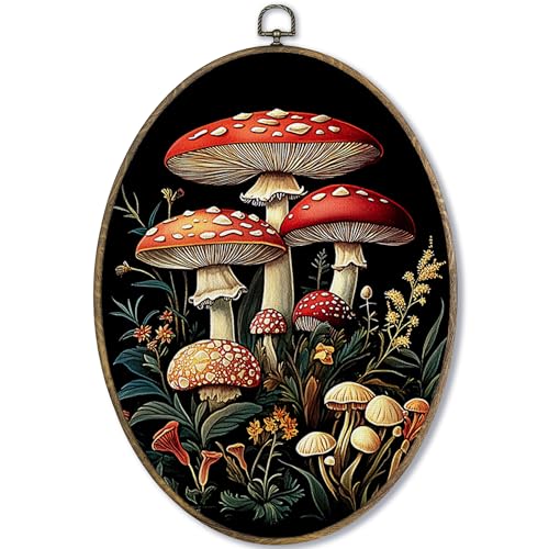 Vintage Dark Mushroom Botanical Oval Wall Art Decor Framed