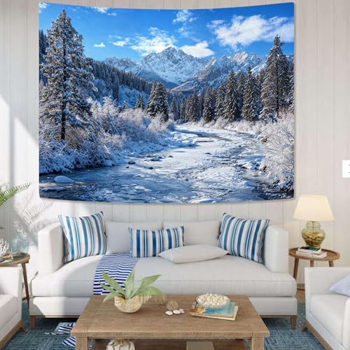 Winter Forest Snow Mountain Tapestry Snowy Pine Tree Woodland Tapestry for Bedroom Aesthetic White Clouds Flowing River Landscape Tapestries Wall Hanging for Living Room Dorm Office 80 x 60 Inch