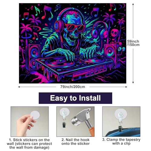 Blacklight Tapestry DJ Skeleton Bedroom Decor 78 x 59 Inch