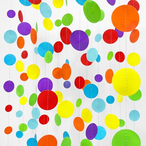 Rainbow Party Decorations Colorful Circle Dots Hanging Paper Garland Streamer Backdrop Multi Color Polka Dot Banner for Birthday Bachelorette Engagement Wedding Bridal Shower Pride Party Supplies