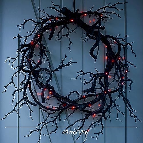 Halloween Black Branch Wreath Signs for Front Door with Red Lights