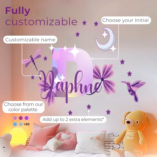 Custom Stickers Name & Initial Wall Decor with Purple Flower