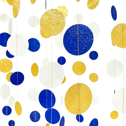 Royal Blue Gold White Party Polka Dot Garland Dark Blue Glitter Gold White Hanging Paper Circle Dots Streamer for Birthday Graduation Wedding Shower Retirement Nautical Party Decorations Supplies
