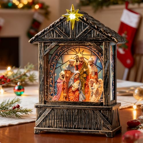 Christmas Snow Globe Lantern Water Glittering Nativity Manger with Star