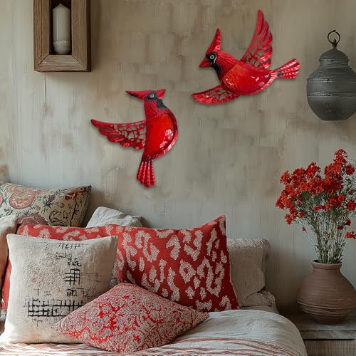Metal Cardinal Wall Art 12inch Metal Birds Wall Sculpture Garden Decoration Outdoor Statue Patio Fence Hanging Plaques 2 Pack (2 Count)