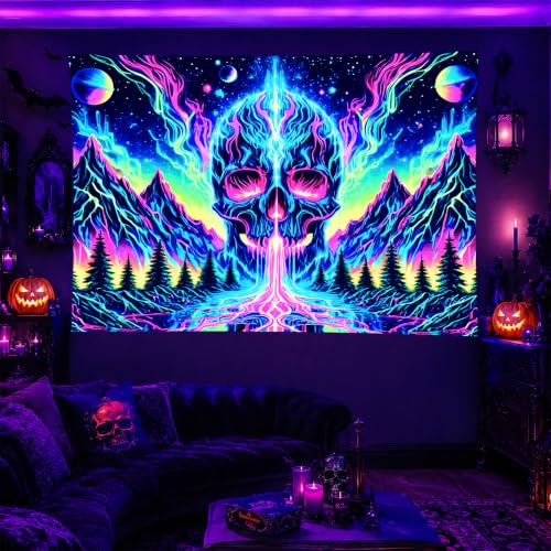 Blacklight Tapestry Skull Mountain Neon Wall Art 78 x 59 Inch