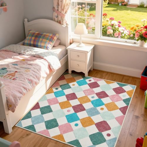 5x5 Nursery Rug Kids Room Square Rug Washable Colorful Playroom Rug (25 Sq Ft)