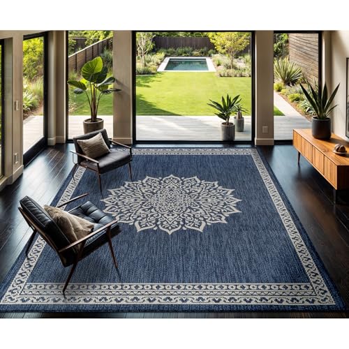 Outdoor Rug 8x10 Medallion Blue Modern Area Rugs for Indoor and Outdoor Patios Kitchen and Hallway Mats Washable Porch Deck Outside Carpet (80 Sq Ft)