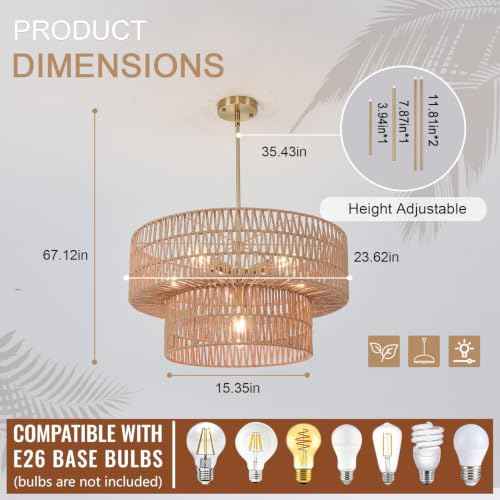 23.62" 6 Light Boho Chandelier Rattan Light Fixture Hand Woven Farmhouse Chandelier for Dining Room Ceiling Hanging Pendant Light for Kitchen Island Lighting