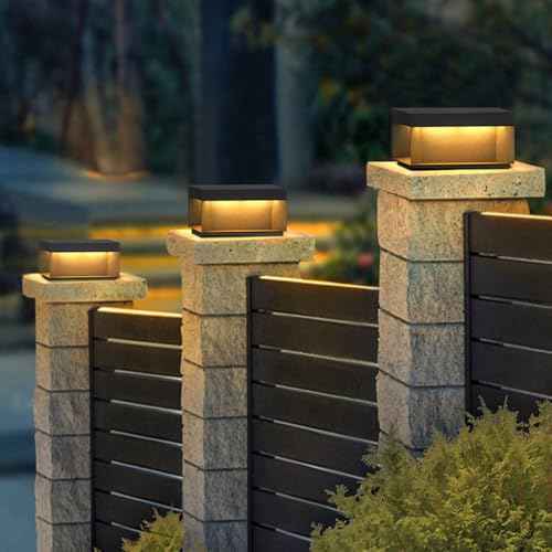 Solar Lamp Post Light Black Modern Pillar Lights Outdoor Solar Powered Column Lighting Waterproof Fence Deck Pillar Lights Exterior Landscape Pathway Lighting Square LED Pedestal Post Lantern