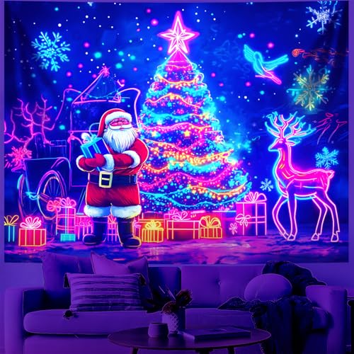 Merry Christmas Blacklight Tapestry Christmas Decorations Wall Hanging Xmas Tree Poster Glow in the Dark Tapestry for Bedroom Living Room Party Banners Decor
