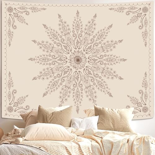 Boho Floral Mandala Tapestry for Bedroom Aesthetic Bohemian Flower Wall Tapestry Beige Hippie Indian Large Tapestries Wall Hanging for Living Room Dorm Decor 80 x 60 Inch