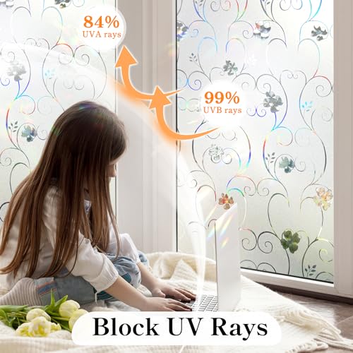 Window Privacy Film 3D Flower Pattern Stained Glass Window Film Frosted Rainbow Window Film Decorative Decals Removable Static Clings Vinyl Anti UV Window Cling for Home 17.4 x 78.7 inches