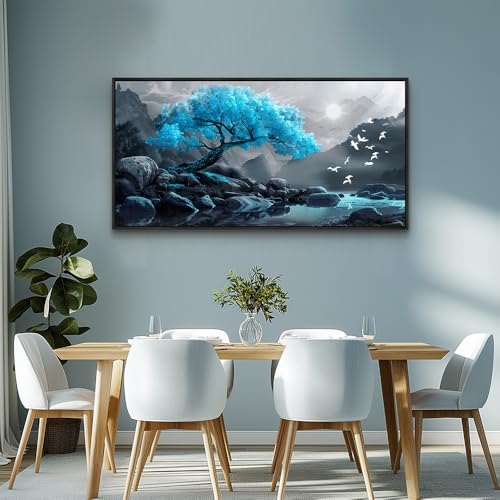 Large Black Framed Wall Decor For Living Room Canvas Wall Art For Office Modern Wall Decorations For Bedroom Blue Tree Landscape Painting Farmhouse Pictures Artwork Home Decor 24x48 In