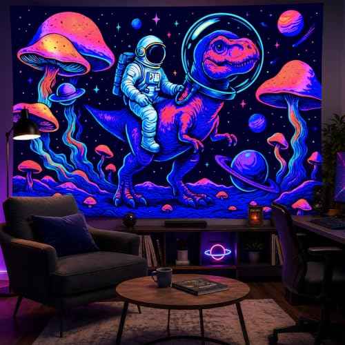 Blacklight Tapestry Astronaut Dinosaur Wall Art 78 x 59 Inch