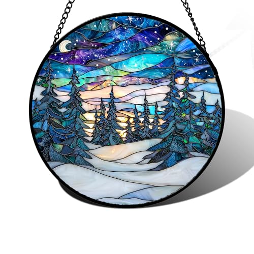 Aurora Winter Forest Stained Glass Window Hanging Suncatcher Gifts 6.3"