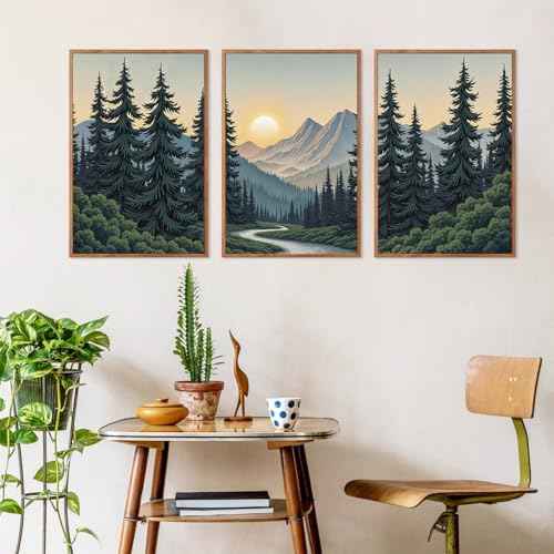 Boho Mountain Sun Forest Framed Canvas Wall Art