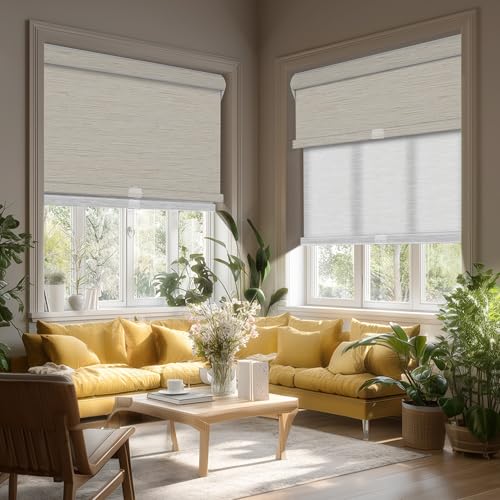 Cordless Dual Roller Shades.Maze Beige & White.53 W x 48" H