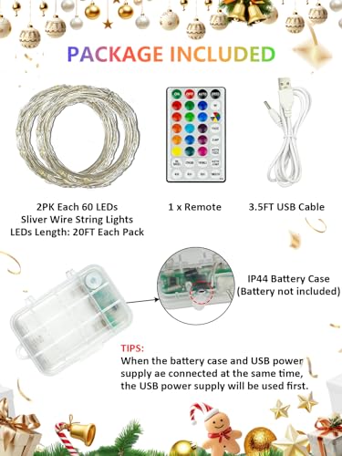 2 Pack 60 LED RGB Color Changing Fairy Lights Battery Operated with Remote