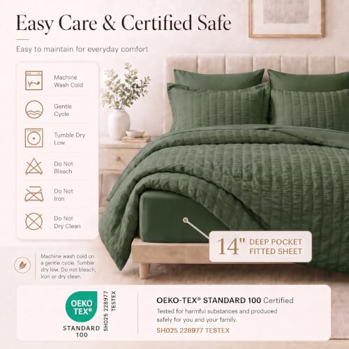 Full Size Comforter Set 7 Pieces Dark Green Seersucker Bed in a Bag
