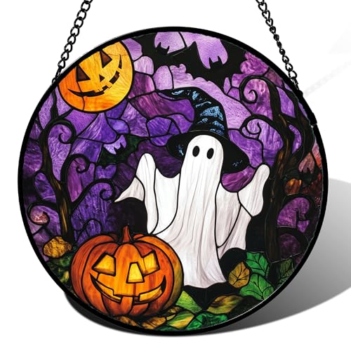 Stained Glass Window Hanging Halloween White Ghost Black Bat 15"