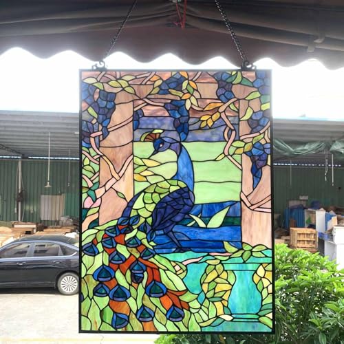 W10095 Blue Peacock Tiffany Style Stained Glass Window Panel