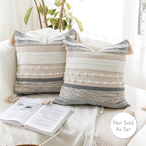 Gray Boho Throw Pillow Cover 18x18 Grey Decorative Accent Pillow for Couch Square Woven Textured Pillowcase Modern Farmhouse Pillow for Bed Bohemian Pillow Cover