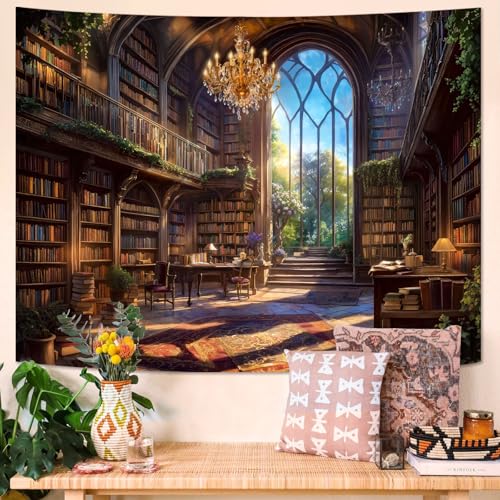 Vintage Library Tapestry Medieval Bookshelf Tapestries Wall Hanging Fantasy Academia Hall Book Backdrop Small Tapestry for Bedroom Living Room Dorm Classroom 60 x 44 inch