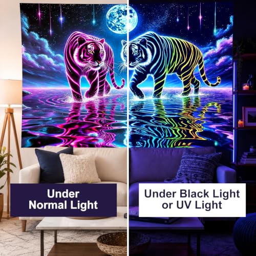 Psychedelic Blacklight Tapestry Banner 79x59 Inch Neon Tapestry Tiger Cosmic Moon Water Reflection Art Aesthetic Bohemian Glow In The Dark Decor Wall Hanging Trippy Vibrant Black Light Tapestries