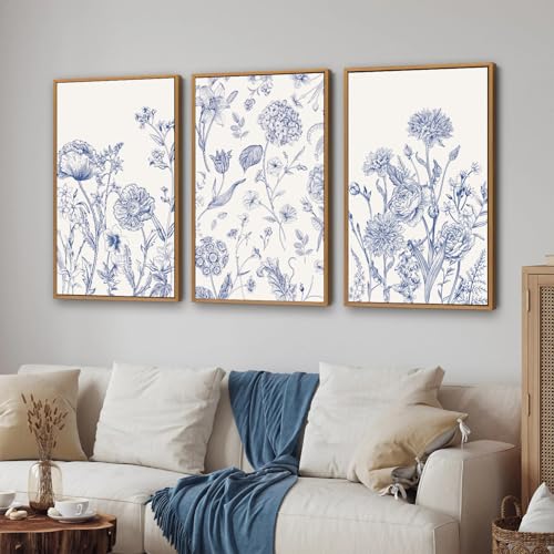Large Classic Chinoiserie Flower Framed Canvas Wall Art Set (3 Count)
