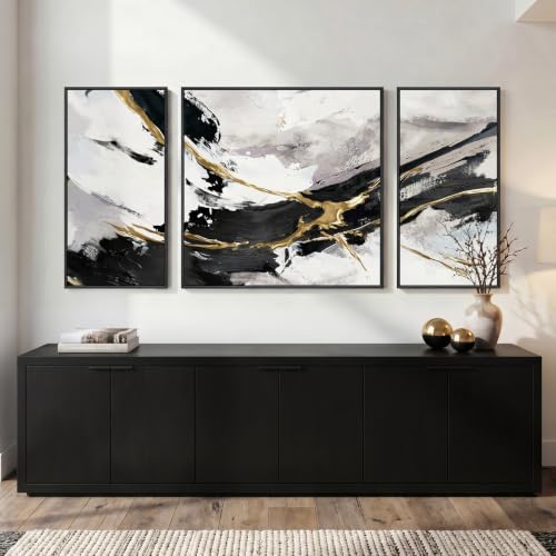 Extra Large Framed Black White and Gold Abstract Wall Art for Living Room (3 Count)