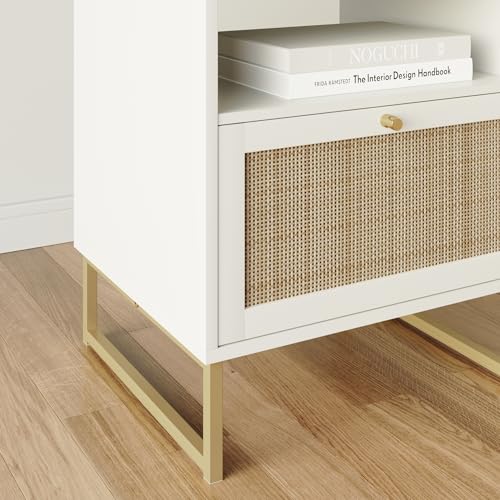 Mina Rattan Wood End Side Accent Table Nightstand with Storage for Living Room or Bedroom