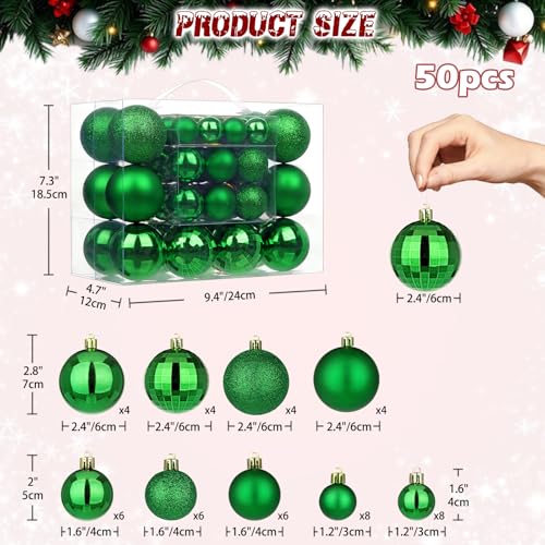 50pcs Christmas Ball Ornaments Dark Green Small Shatterproof Christmas Tree Decorations Xmas Tree Xmas Ornaments Balls with Hanging Loop for Halloween Xmas Wedding Holiday Party Wreath Home Decor
