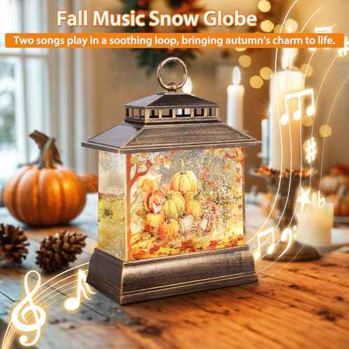 Fall Snow Globe Lantern Thanksgiving Pumpkins and Squirrels Water Lantern with Swirling Glitter 6H Timer Remote Control Fall Decorations for Home Thanksgiving Autumn Harvest