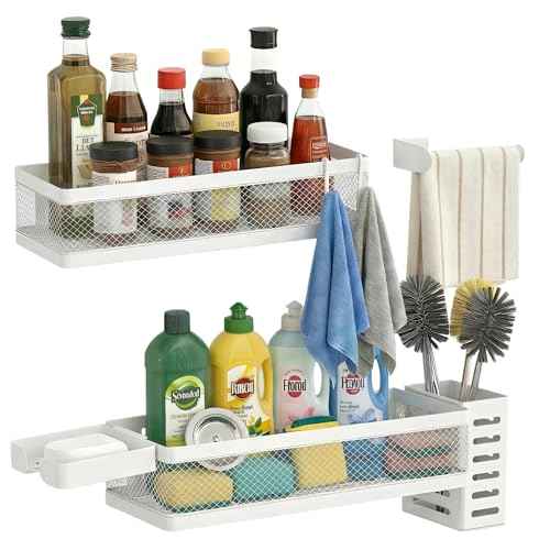 5-in-1 Wide Wall Mount Wrapped Mesh Kitchen Organizer & Shower Caddy Kit, with Paper Towel Holder, Utensil Holder, Soap Dish, Heavy Duty 50LBS - White, Netting