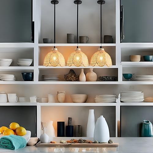 3 Pack Bamboo Pendant Light Mini Rattan Chandelier (3 Count)