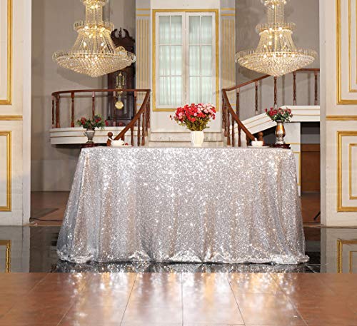 Sequin Tablecloth 90x156 Inch Silver for Disco Wedding Party